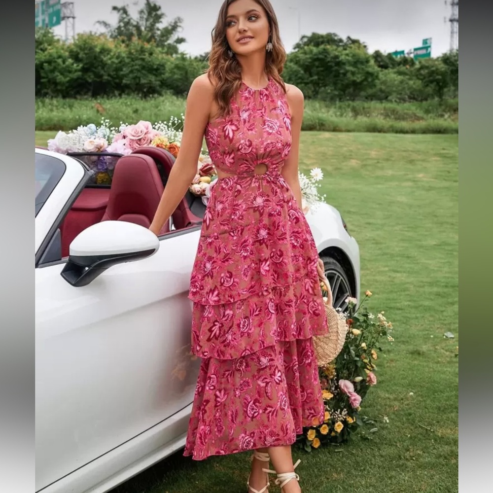 NWOT Shein Aveloria Rosie Pink Floral Tiered Cut-Out Maxi Dress